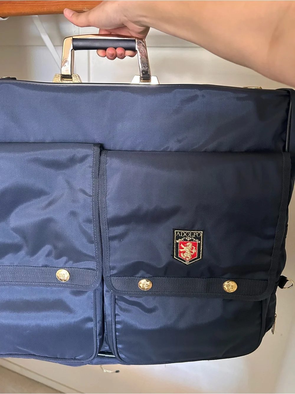 Adolfo Navy Briefcase with Gold Accents and Crest